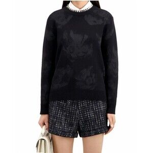 The Kooples Jacquard Sweater Women 3 Black Floral Metallic Lurex Wool Knit Crew